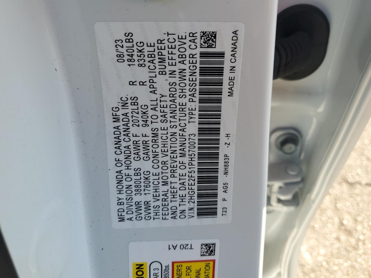 2023 HONDA CIVIC SPORT VIN:2HGFE2F51PH570073