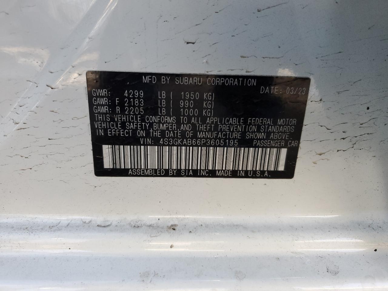 2023 SUBARU IMPREZA VIN:4S3GKAB66P3605195
