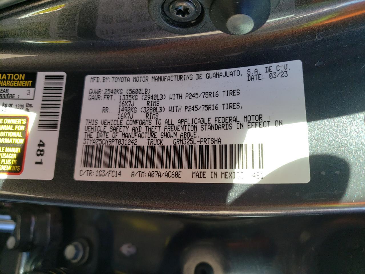 2023 TOYOTA TACOMA DOUBLE CAB VIN:3TYAZ5CN9PT031242