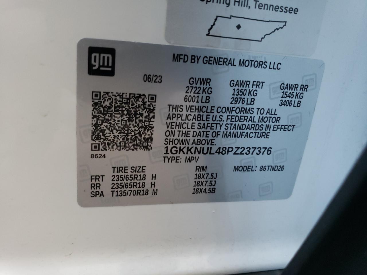 2023 GMC ACADIA SLT VIN:1GKKNUL48PZ237376