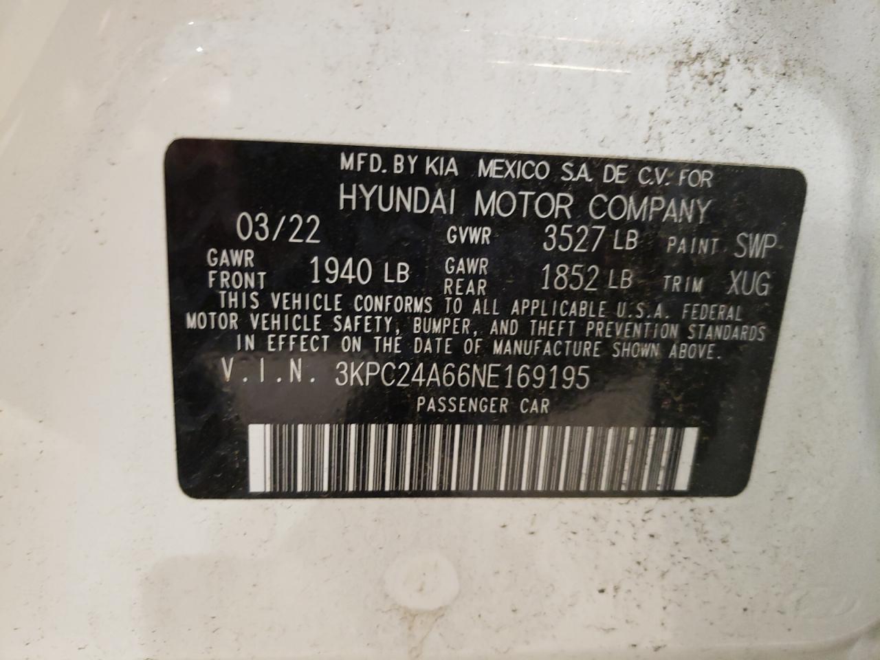 2022 HYUNDAI ACCENT SE VIN:3KPC24A66NE169195