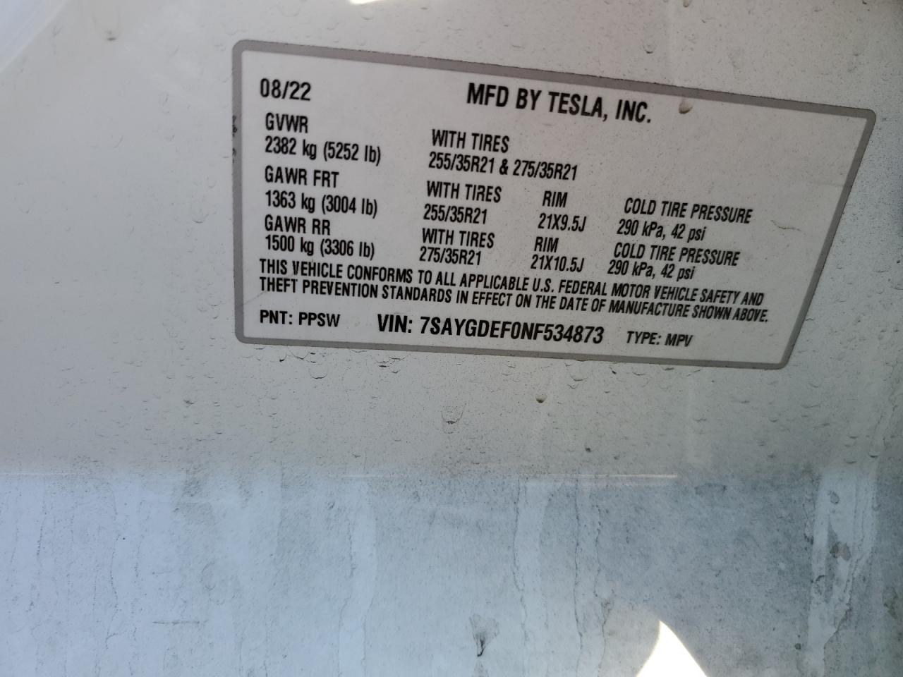 2022 TESLA MODEL Y VIN:7SAYGDEF0NF534873