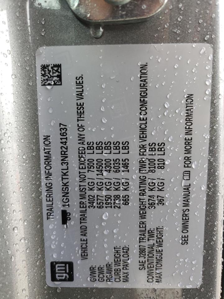 2022 CHEVROLET TAHOE K1500 HIGH COUNTRY VIN:1GNSKTKL3NR241637