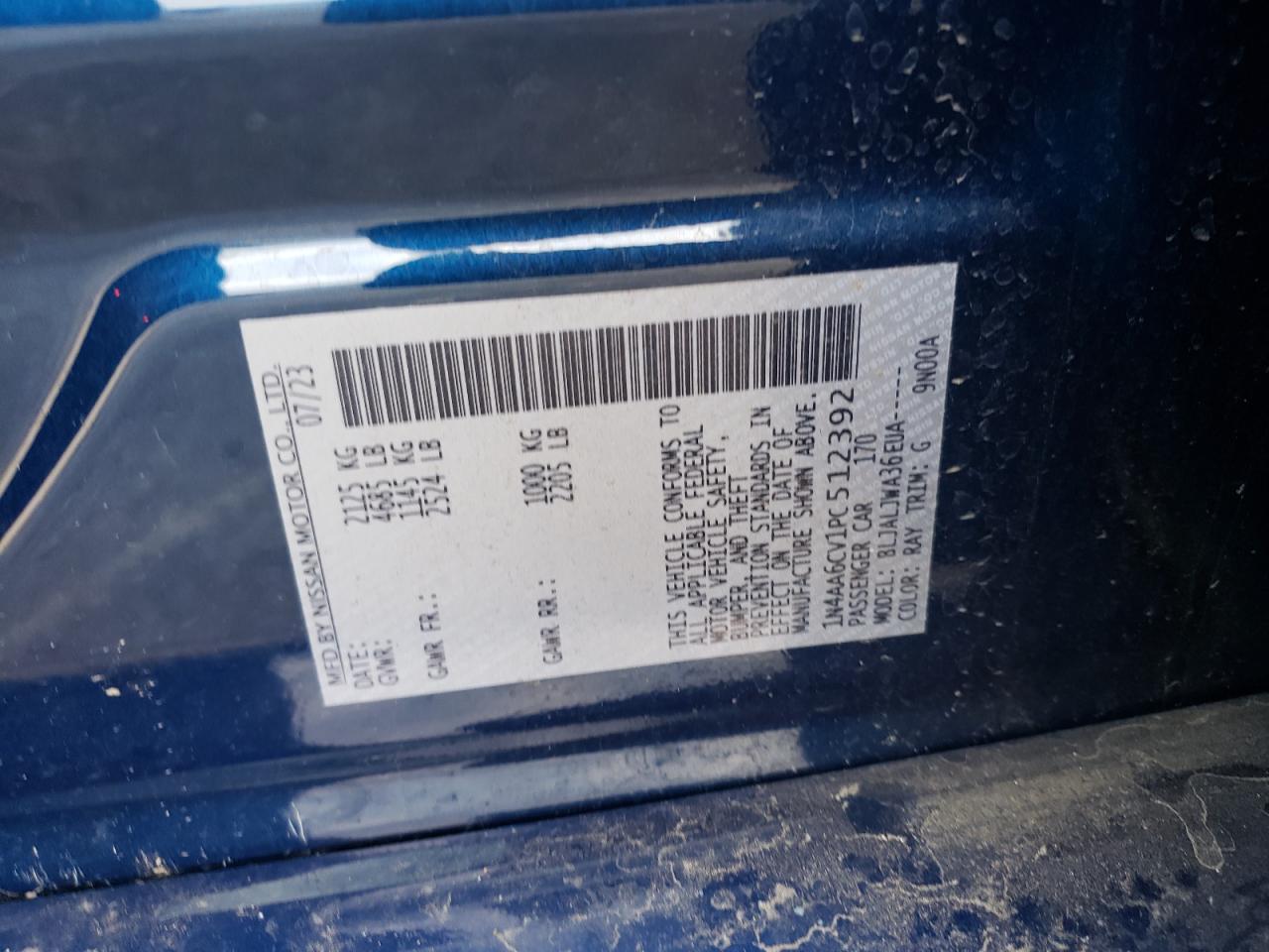 2023 NISSAN MAXIMA SV VIN:1N4AA6CV1PC512392