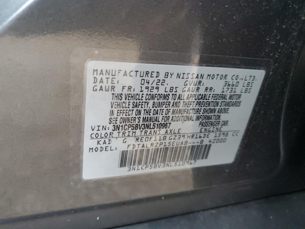 2022 NISSAN KICKS S VIN:3N1CP5BV3NL510967