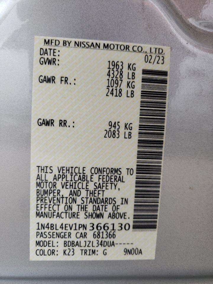 2023 NISSAN ALTIMA SL VIN:1N4BL4EV1PN366130