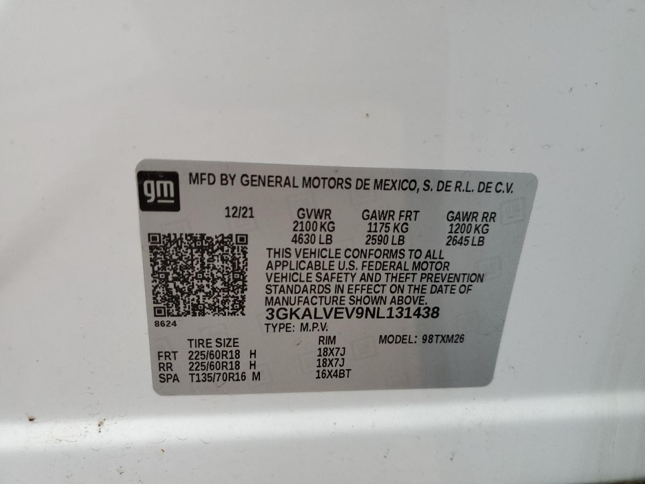 2022 GMC TERRAIN SLT VIN:3GKALVEV9NL131438