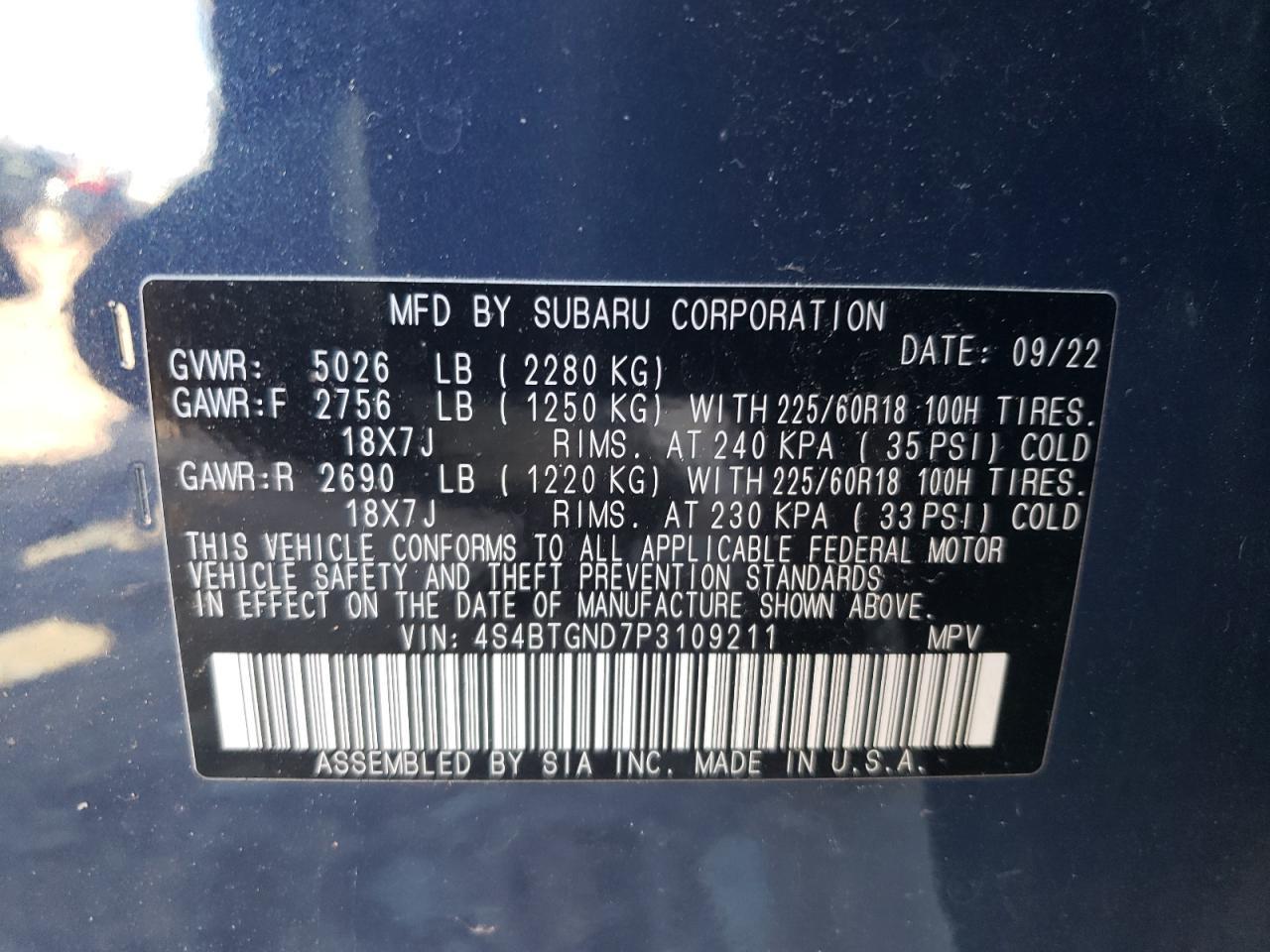 2023 SUBARU OUTBACK LIMITED XT VIN:4S4BTGND7P3109211