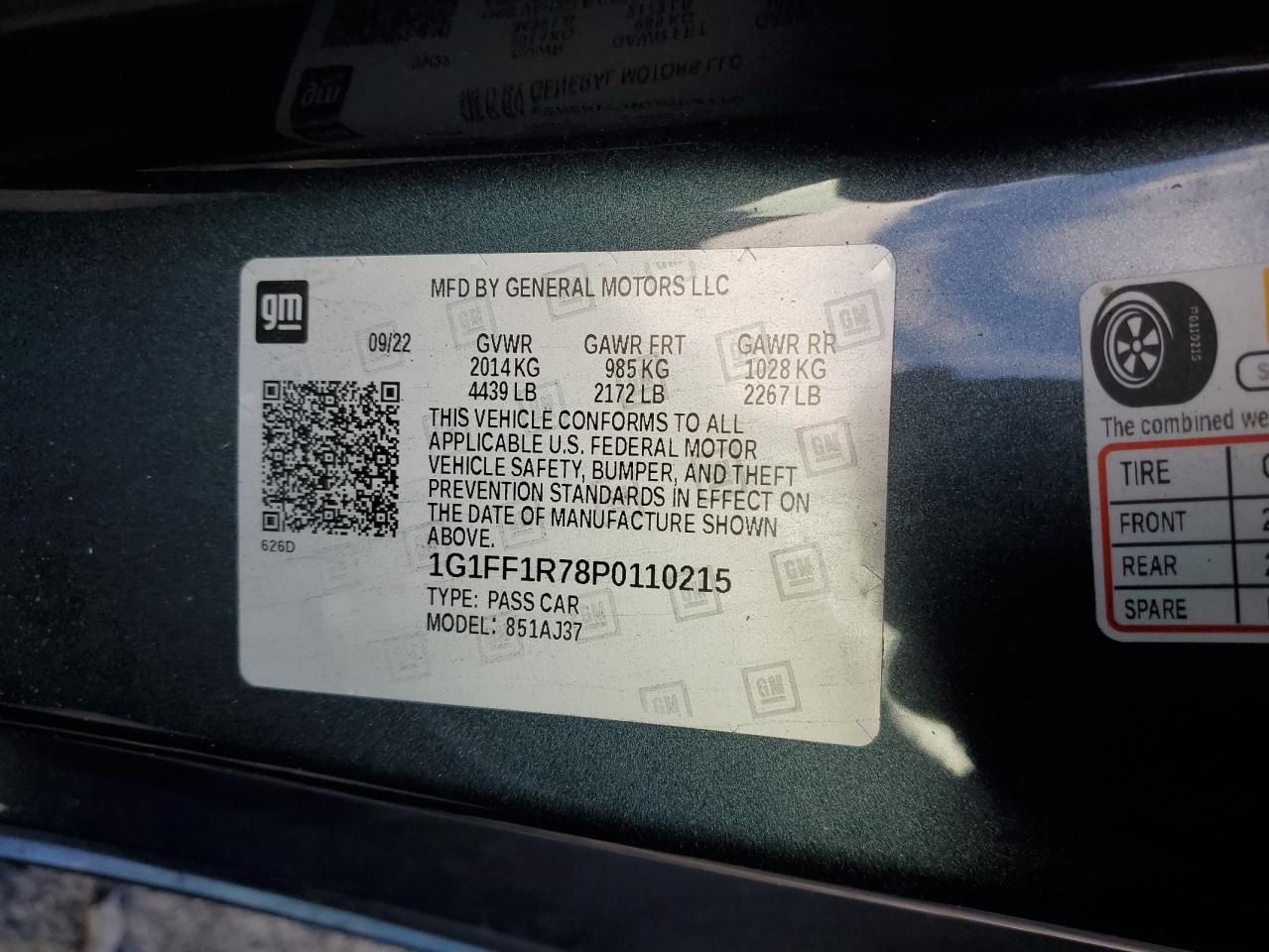 2023 CHEVROLET CAMARO LT1 VIN:1G1FF1R78P0110215