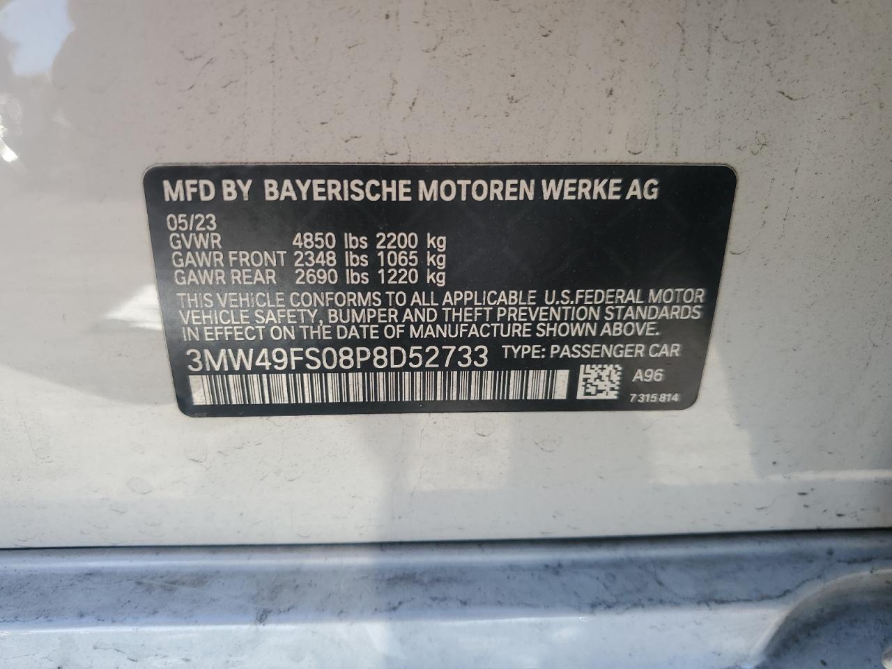 2023 BMW M340I VIN:3MW49FS08P8D52733