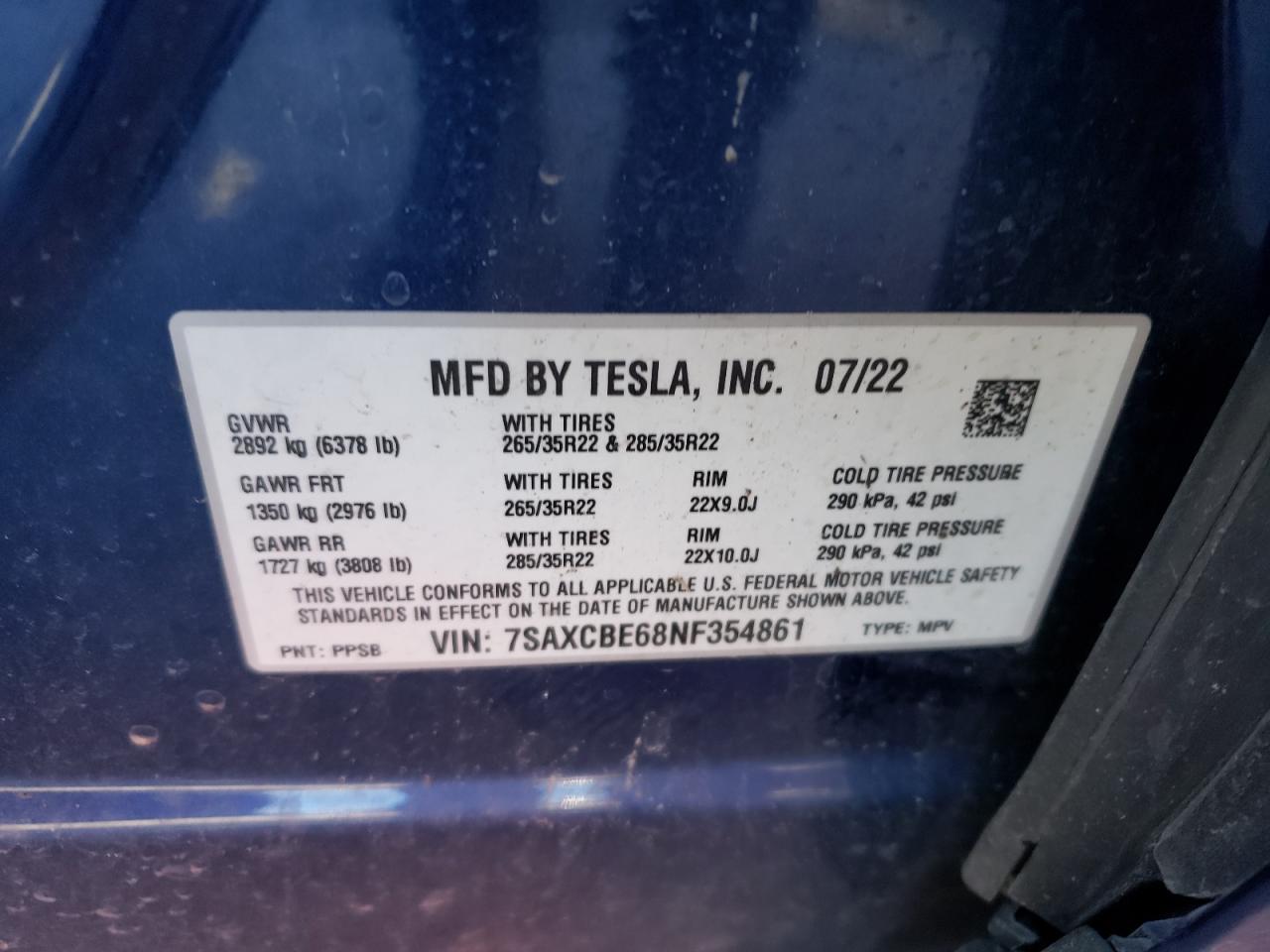 2022 TESLA MODEL X VIN:7SAXCBE68NF354861