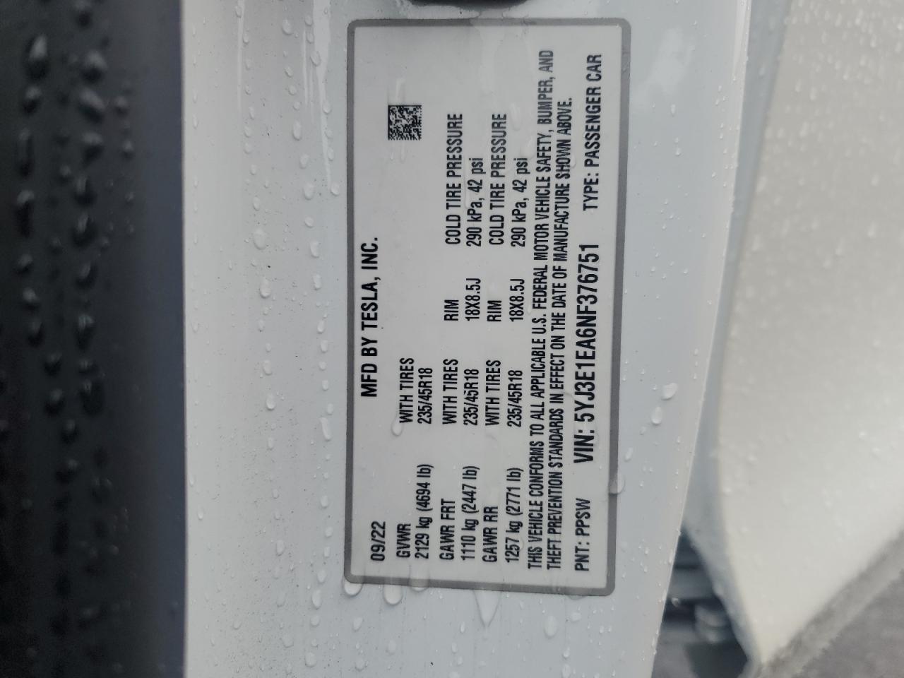 2022 TESLA MODEL 3 VIN:5YJ3E1EA6NF376751