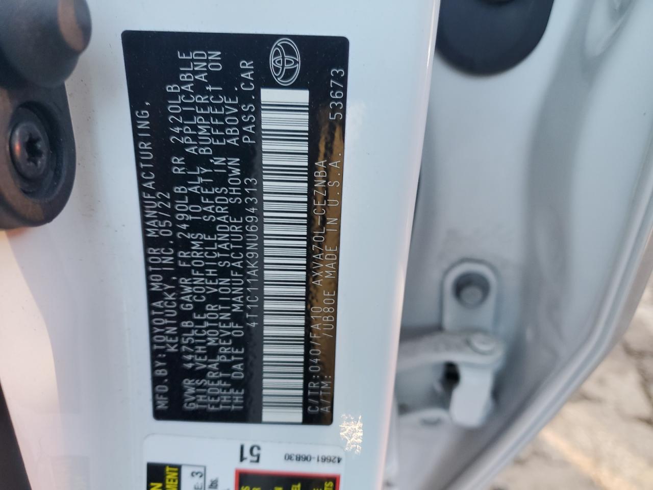 2022 TOYOTA CAMRY LE VIN:4T1C11AK9NU694313