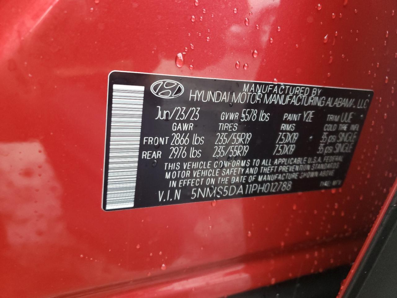2023 HYUNDAI SANTA FE LIMITED VIN:5NMS5DA11PH012788