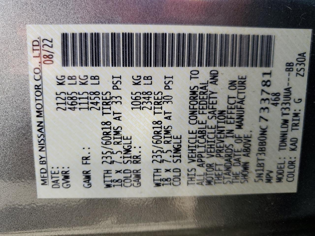 2022 NISSAN ROGUE SV VIN:5N1BT3BB0NC733781