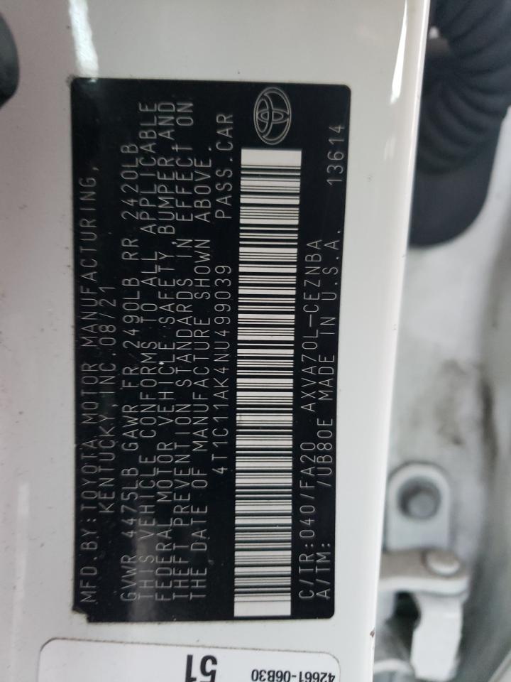 2022 TOYOTA CAMRY LE VIN:4T1C11AK4NU499039