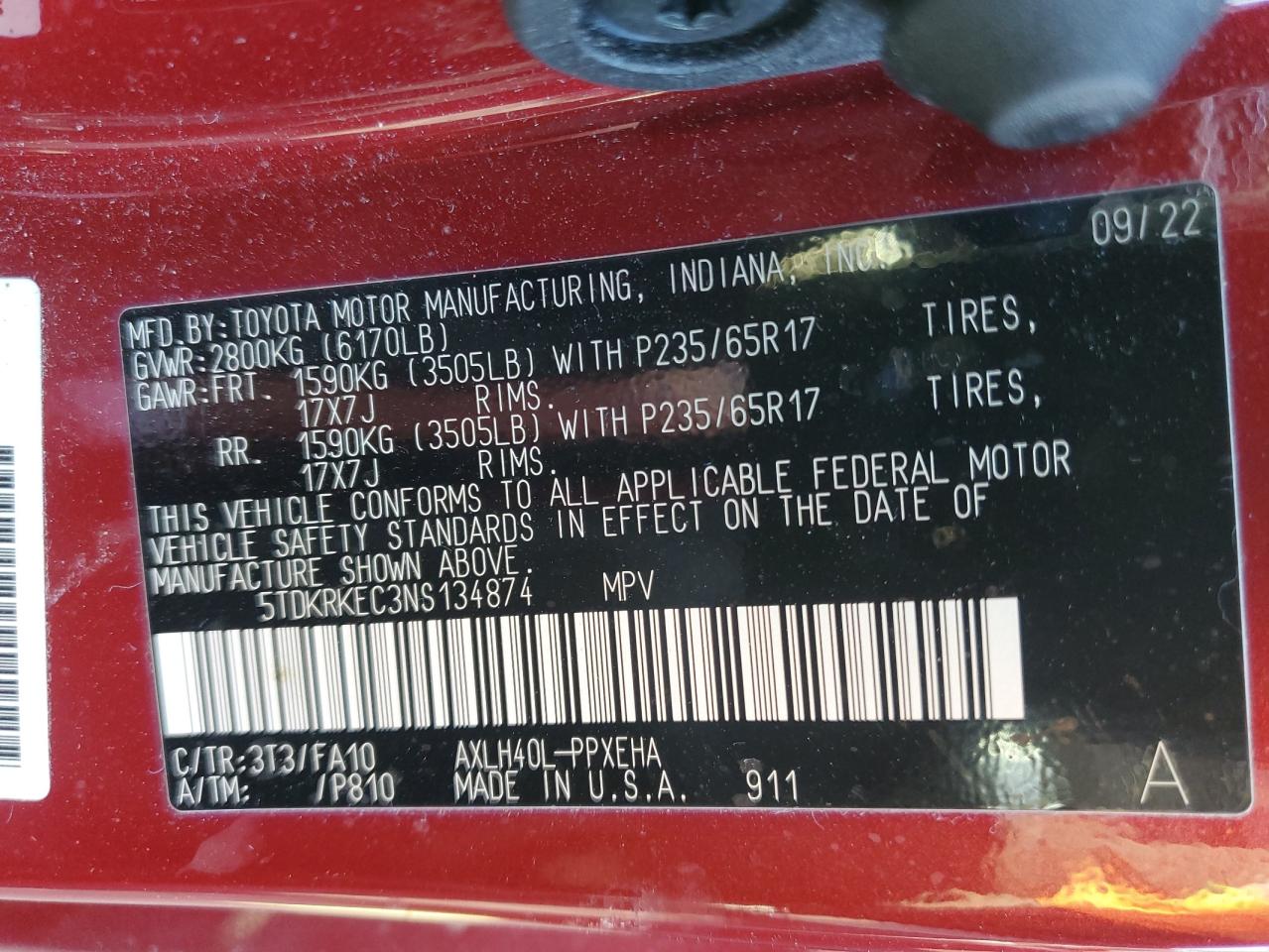 2022 TOYOTA SIENNA LE VIN:5TDKRKEC3NS134874