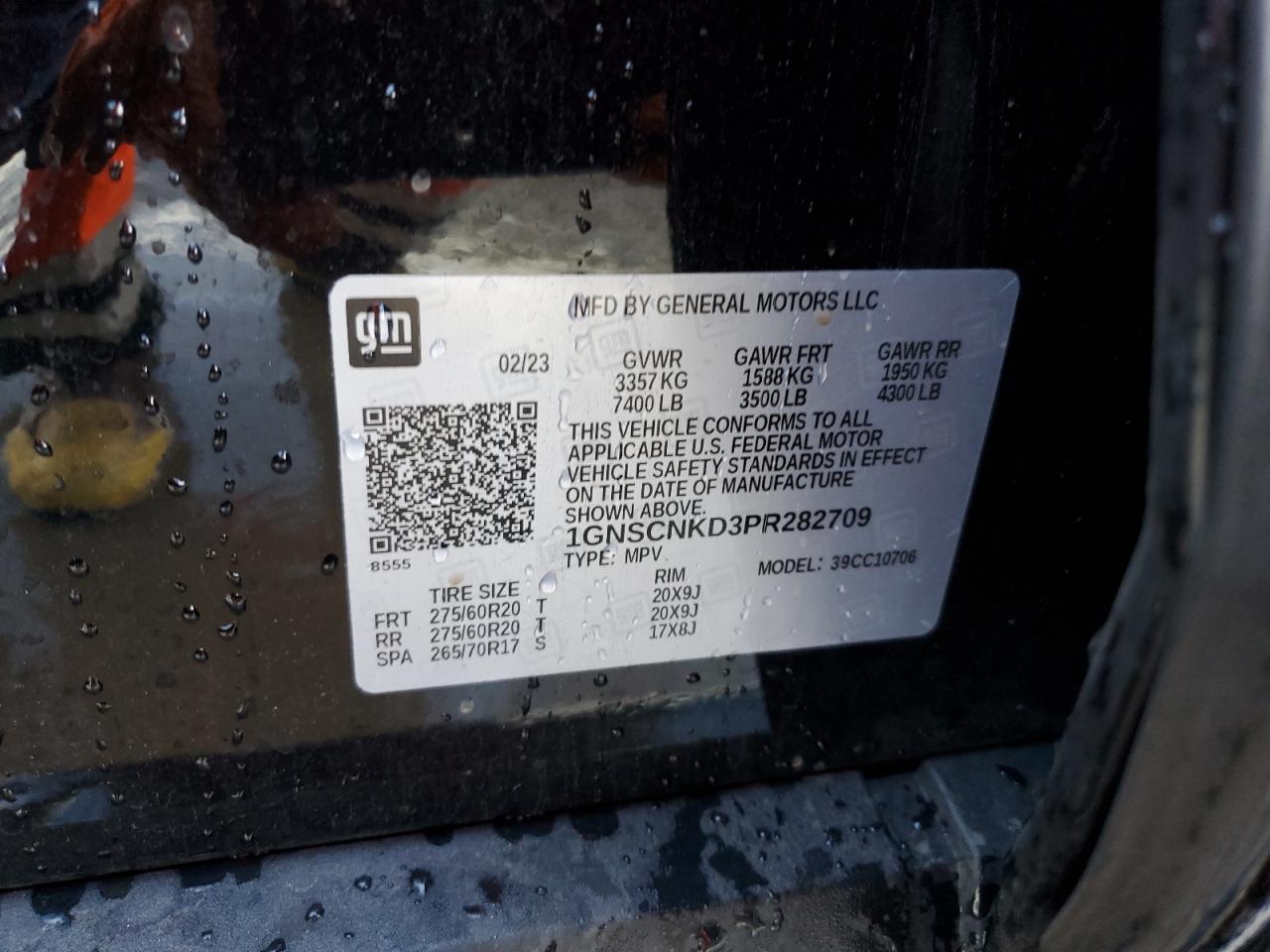 2023 CHEVROLET TAHOE C1500 LT VIN:1GNSCNKD3PR282709