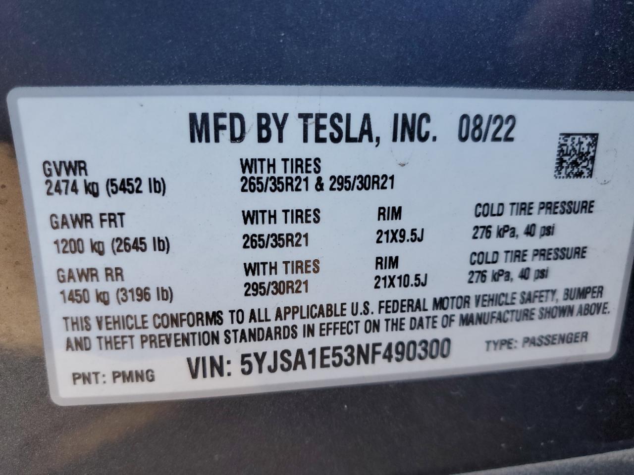 2022 TESLA MODEL S VIN:5YJSA1E53NF490300