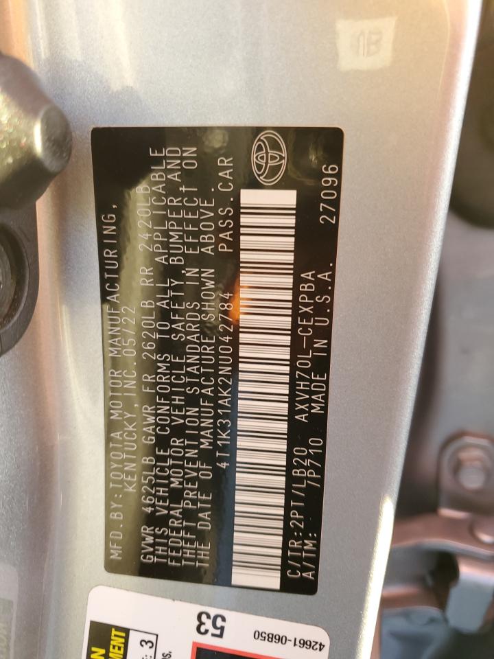 2022 TOYOTA CAMRY XSE VIN:4T1K31AK2NU042784