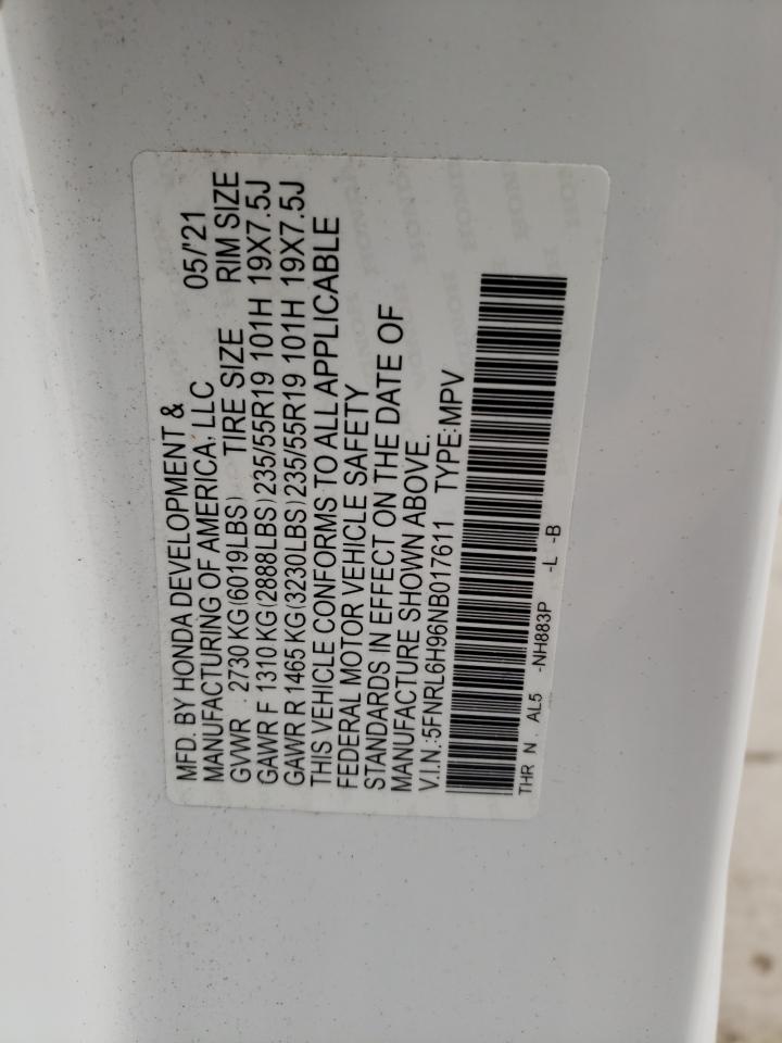 2022 HONDA ODYSSEY ELITE VIN:5FNRL6H96NB017611