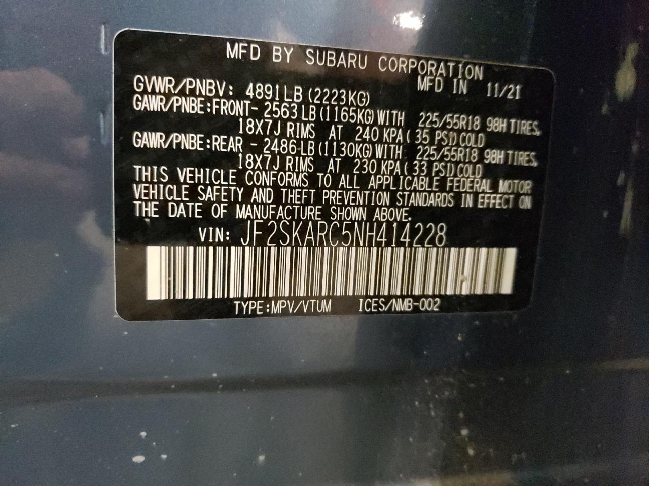 2022 SUBARU FORESTER TOURING VIN:JF2SKARC5NH414228