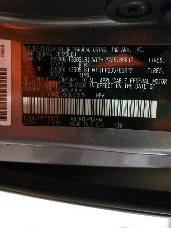 2022 TOYOTA SIENNA XLE VIN:5TDJRKECXNS093929