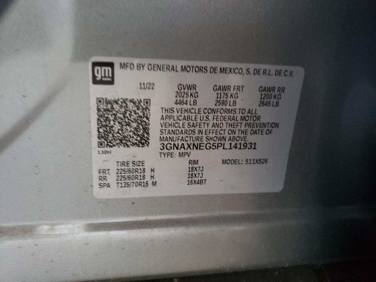 2023 CHEVROLET EQUINOX PREMIER VIN:3GNAXNEG5PL141931