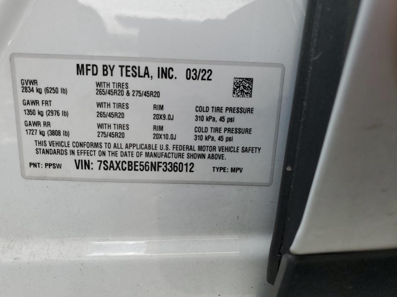 2022 TESLA MODEL X VIN:7SAXCBE56NF336012