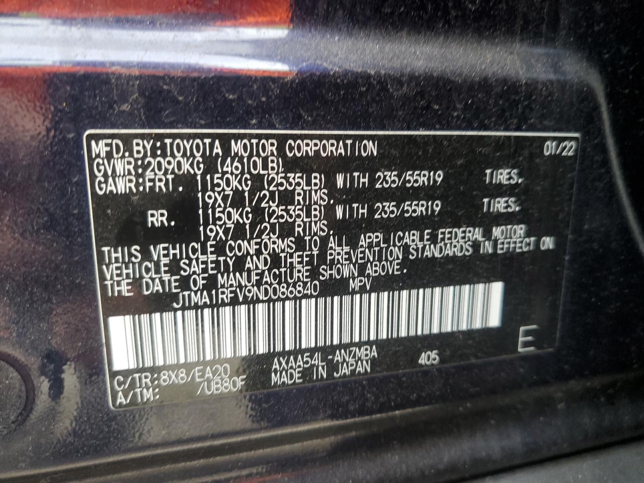 2022 TOYOTA RAV4 XLE PREMIUM VIN:JTMA1RFV9ND086840