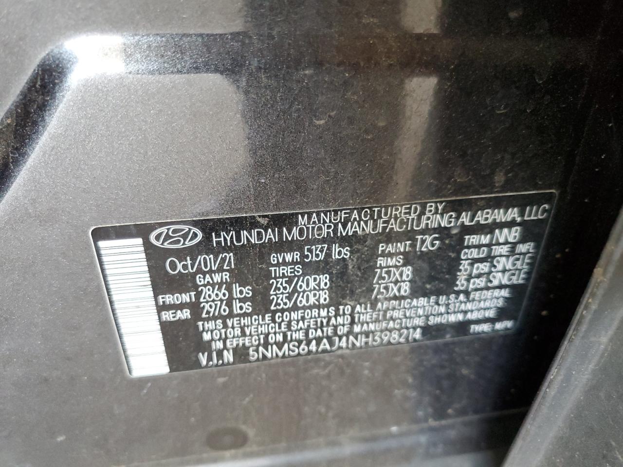 2022 HYUNDAI SANTA FE SEL VIN:5NMS64AJ4NH398214