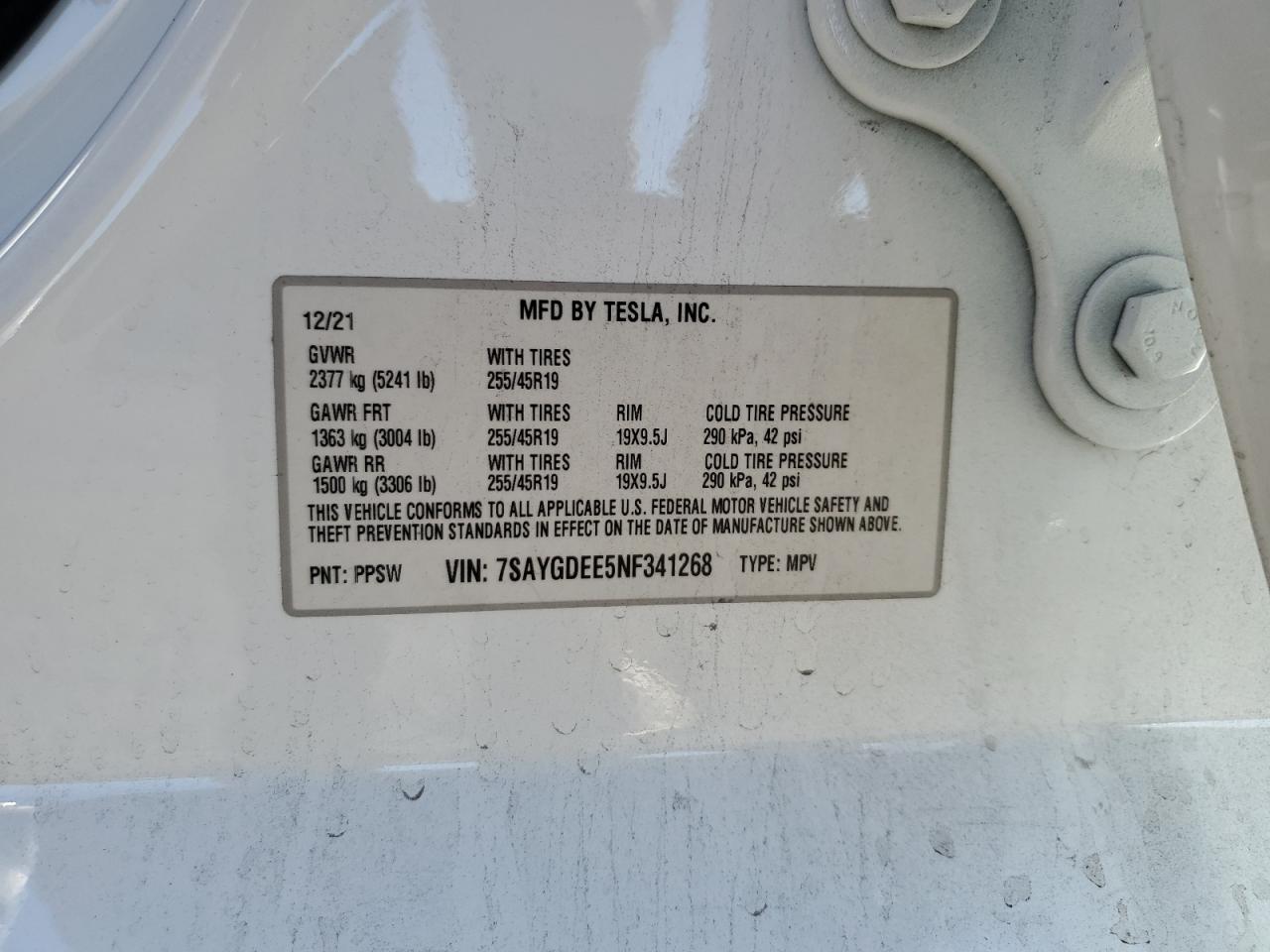 2022 TESLA MODEL Y VIN:7SAYGDEE5NF341268