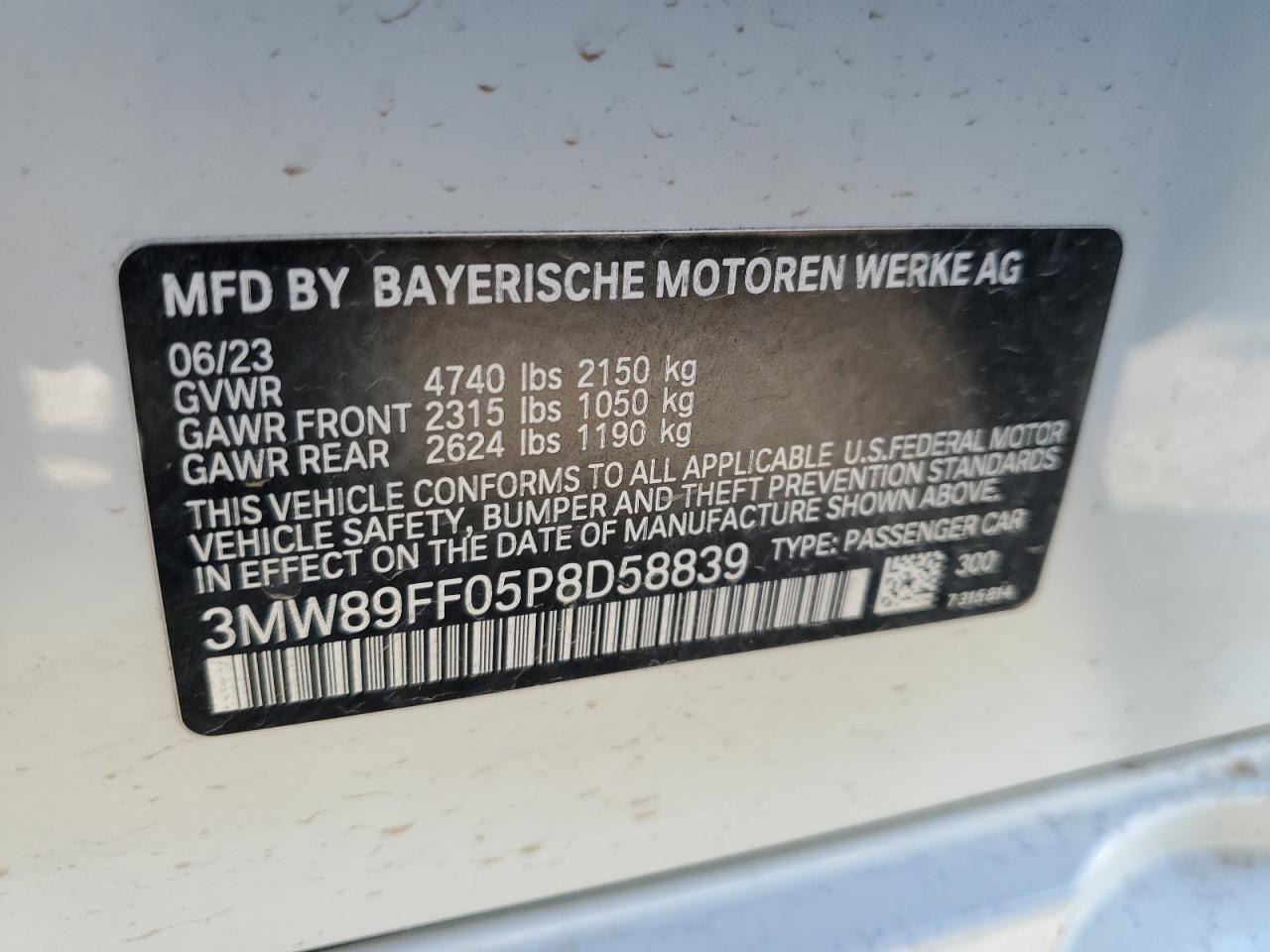 2023 BMW 330XI VIN:3MW89FF05P8D58839