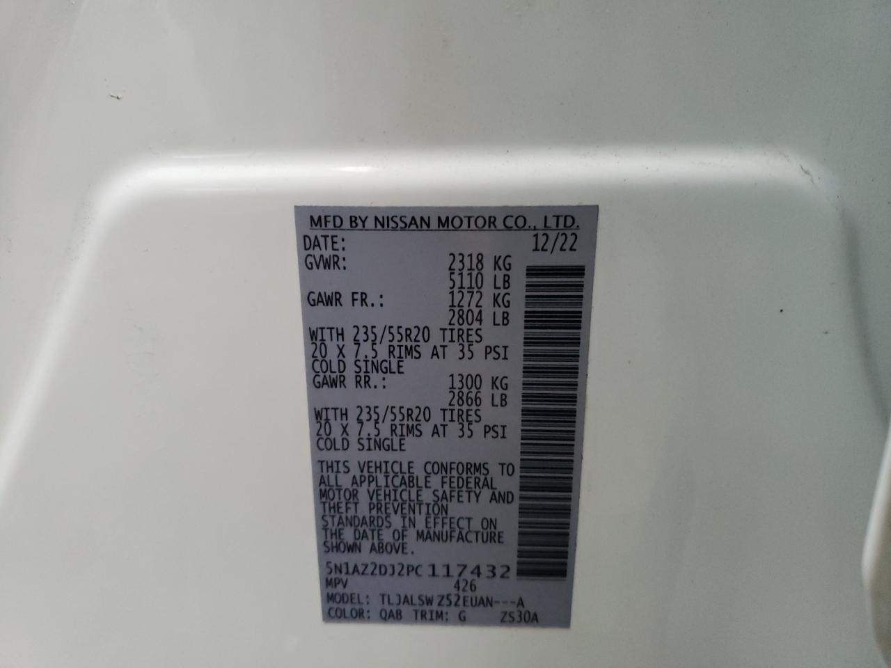 2023 NISSAN MURANO PLATINUM VIN:5N1AZ2DJ2PC117432