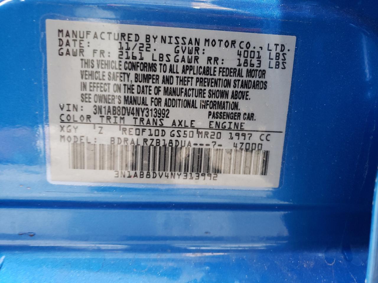 2022 NISSAN SENTRA SR VIN:3N1AB8DV4NY313992