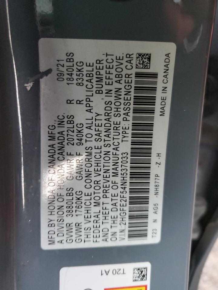 2022 HONDA CIVIC SPORT VIN:2HGFE2F54NH537033