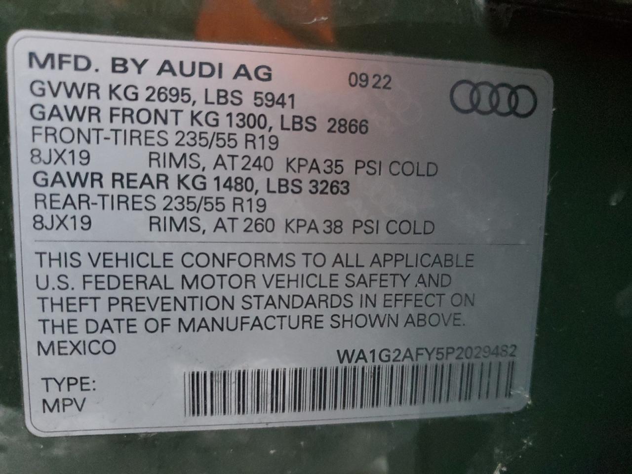 2023 AUDI Q5 E PREMIUM 55 VIN:WA1G2AFY5P2029482