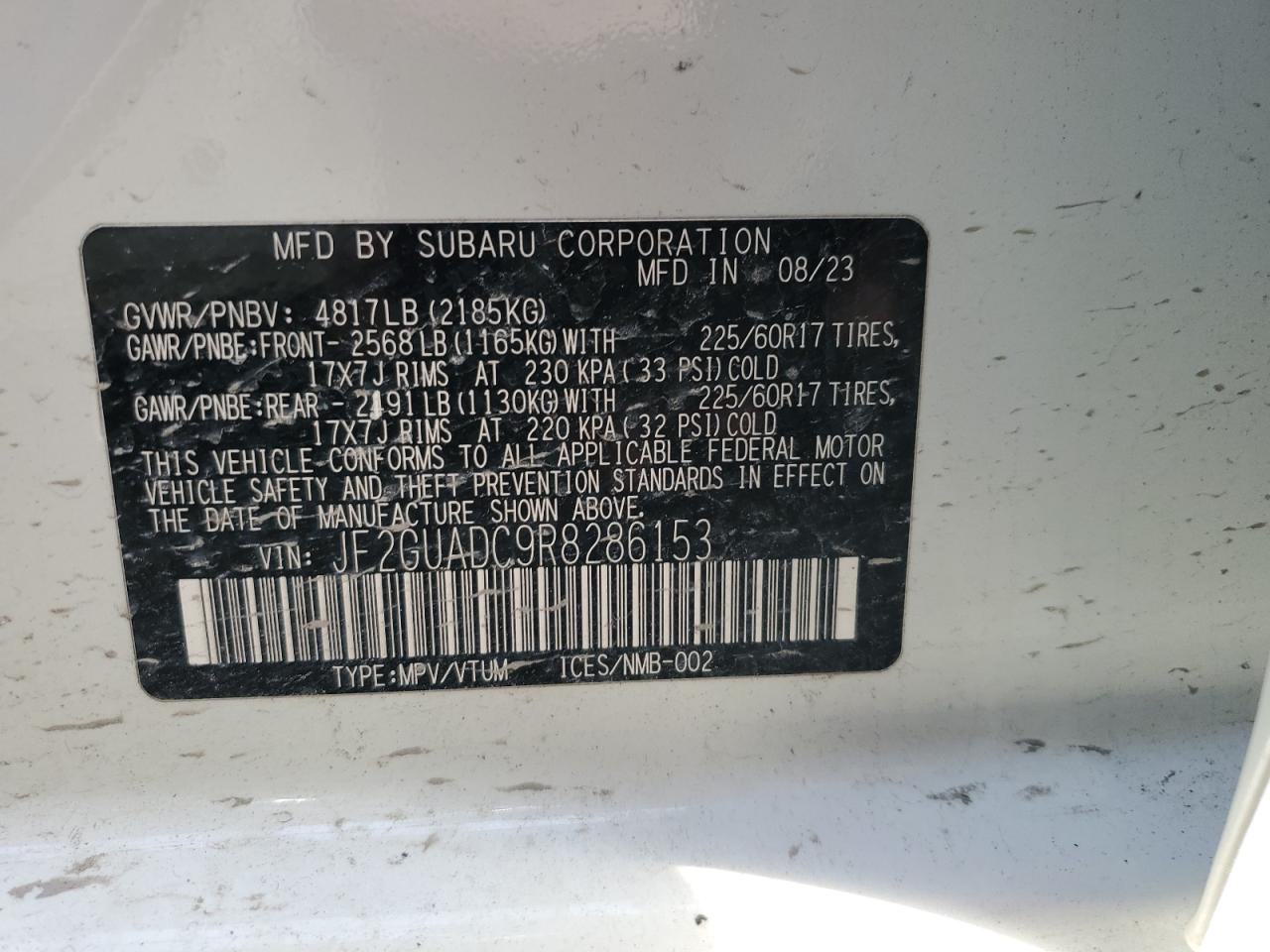 2024 SUBARU CROSSTREK PREMIUM VIN:JF2GUADC9R8286153
