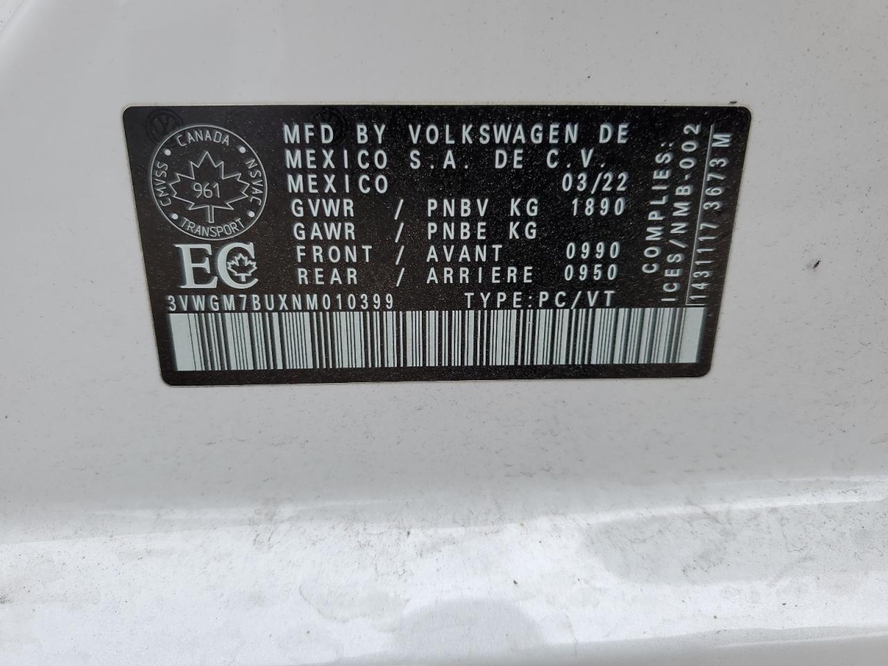 2022 VOLKSWAGEN JETTA SEL VIN:3VWGM7BUXNM010399