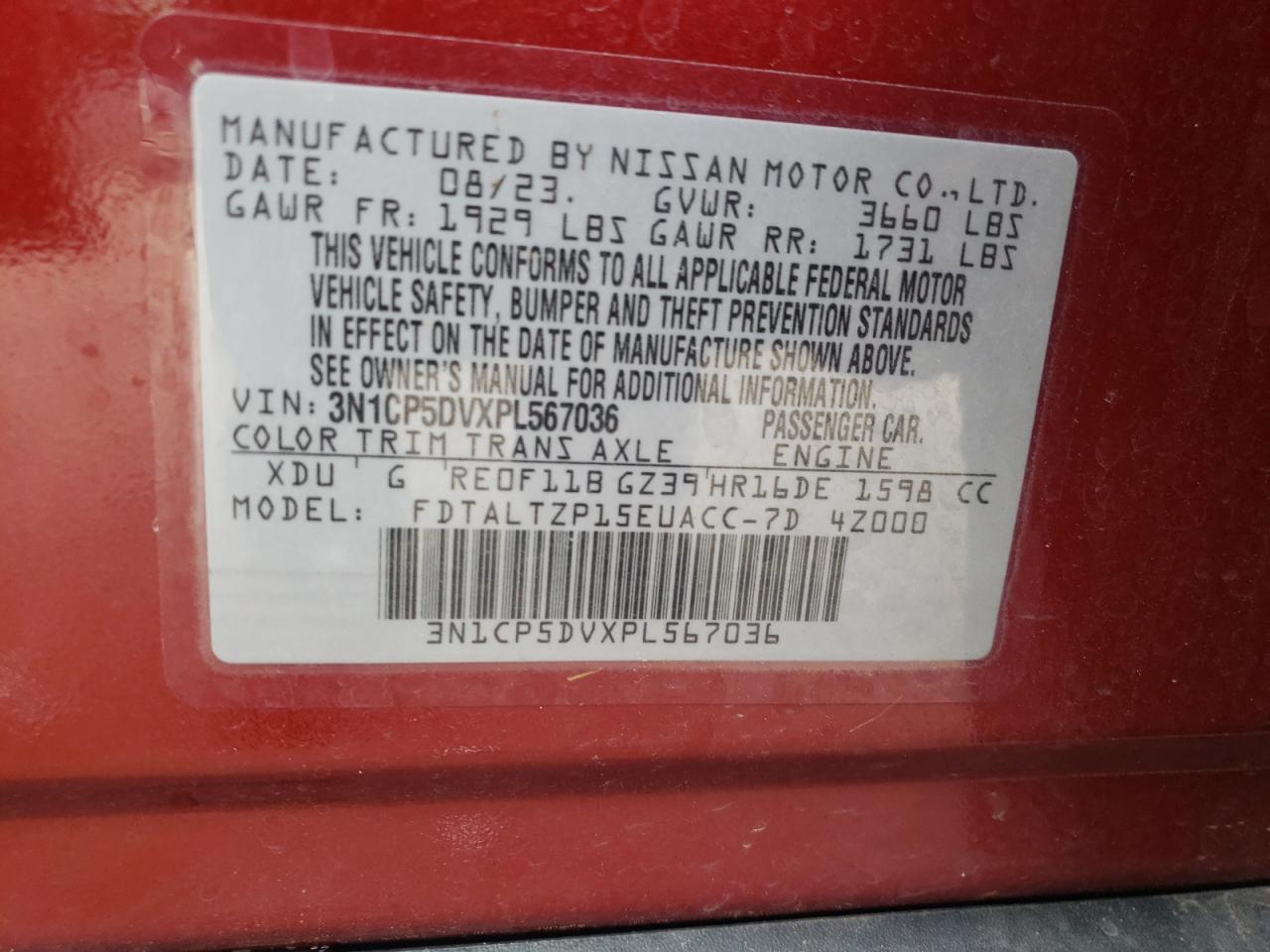 2023 NISSAN KICKS SR VIN:3N1CP5DVXPL567036