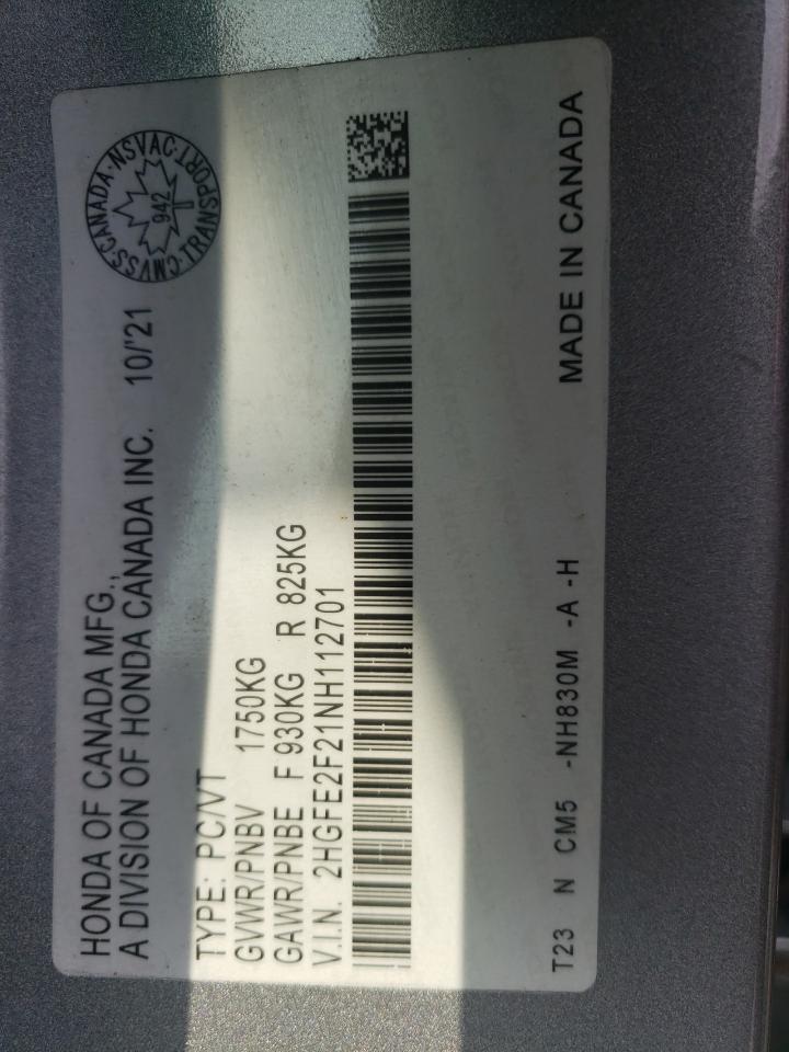 2022 HONDA CIVIC LX VIN:2HGFE2F21NH112701