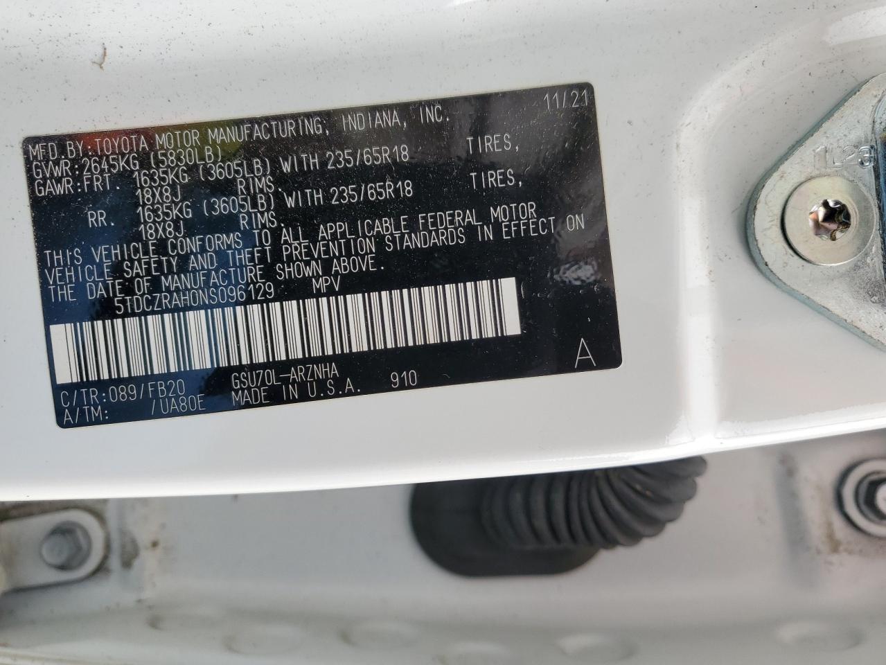 2022 TOYOTA HIGHLANDER L VIN:5TDCZRAH0NS096129