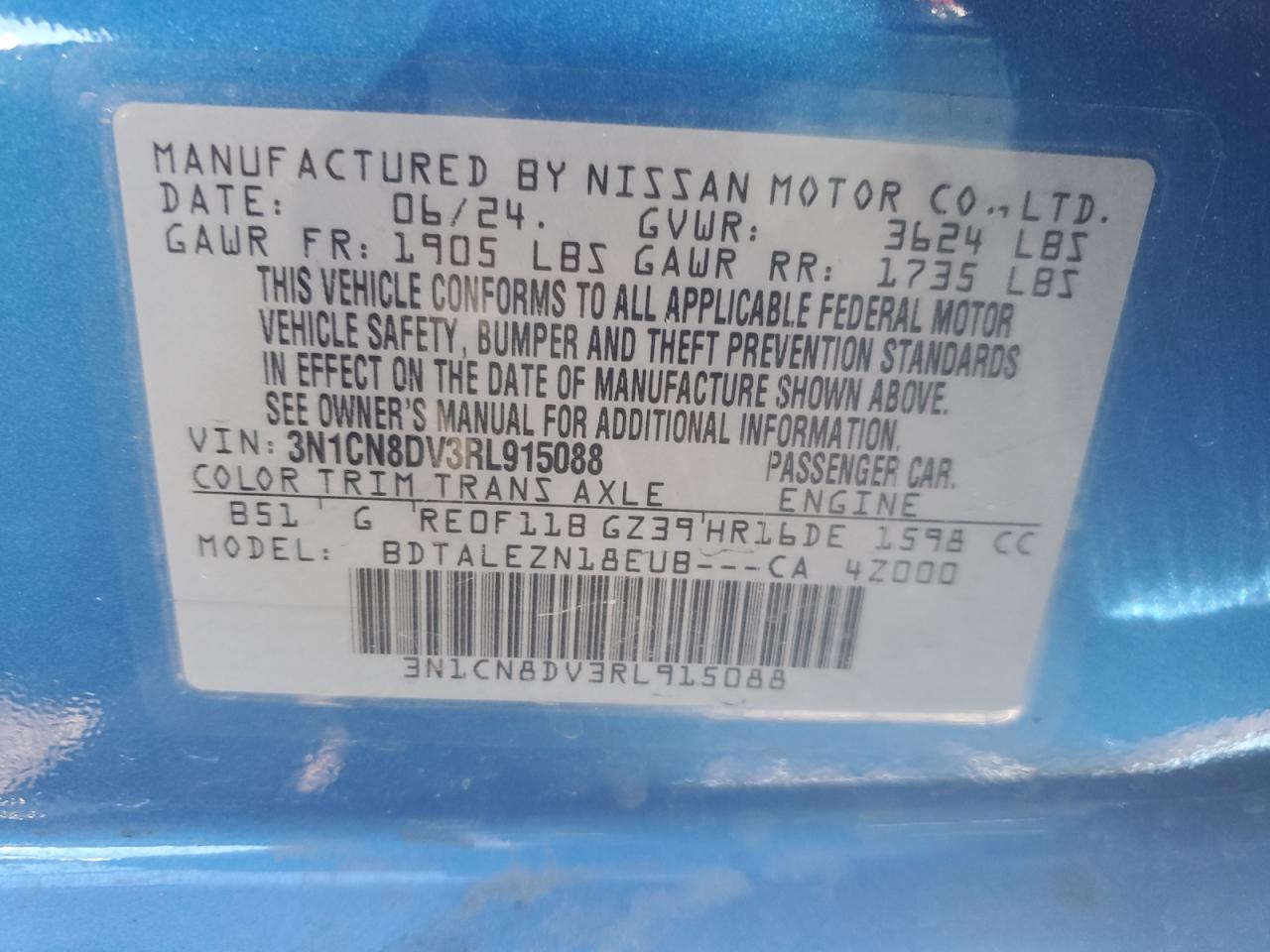 2024 NISSAN VERSA S VIN:3N1CN8DV3RL915088