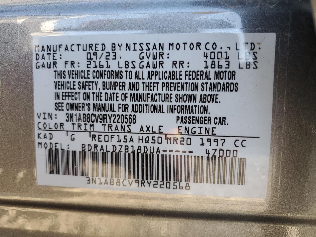2024 NISSAN SENTRA SV VIN:3N1AB8CV9RY220568