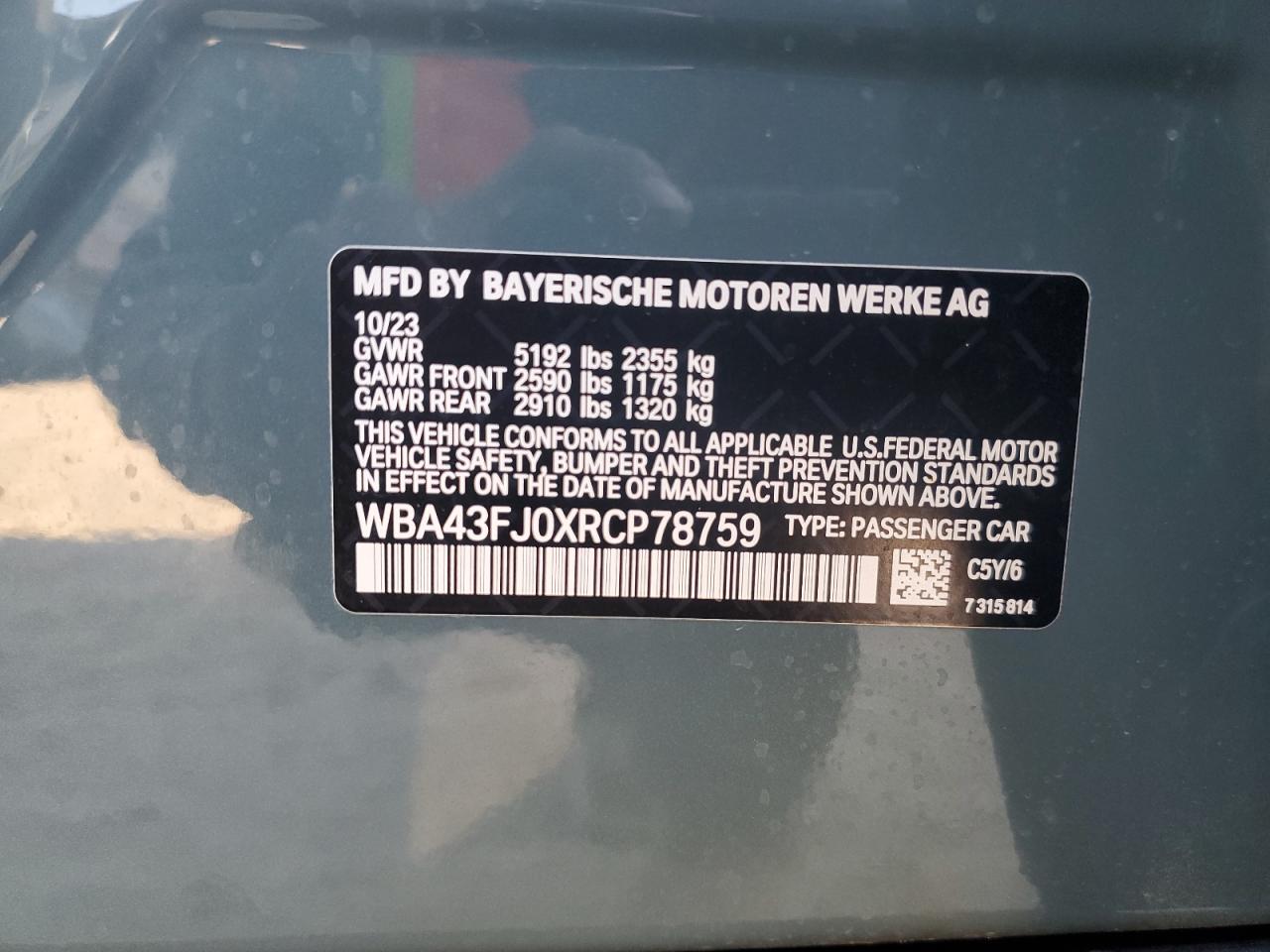 2024 BMW 530 I VIN:WBA43FJ0XRCP78759