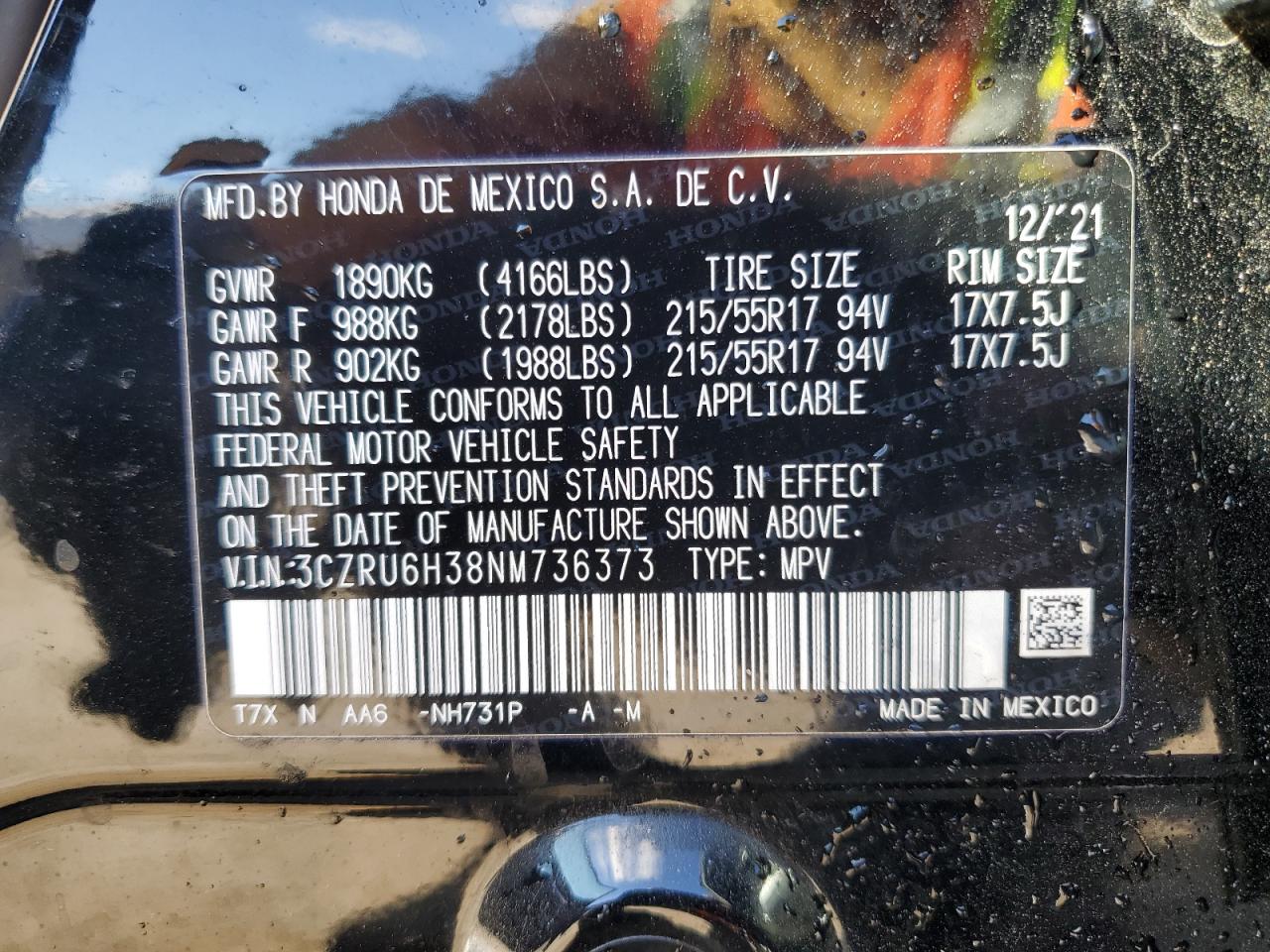 2022 HONDA HR-V LX VIN:3CZRU6H38NM736373