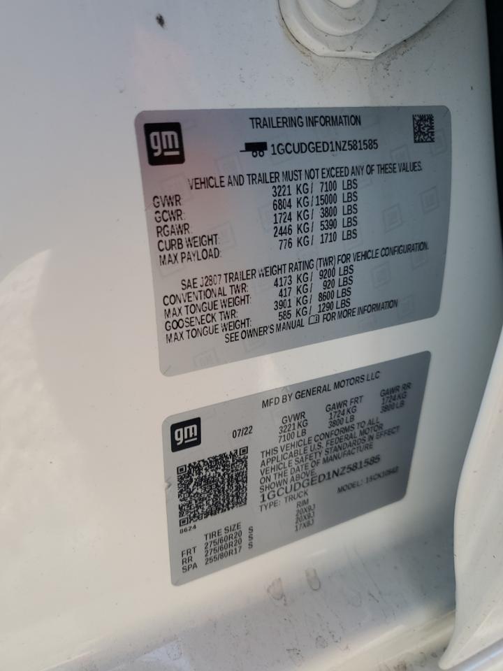 2022 CHEVROLET SILVERADO K1500 LTZ VIN:1GCUDGED1NZ581585