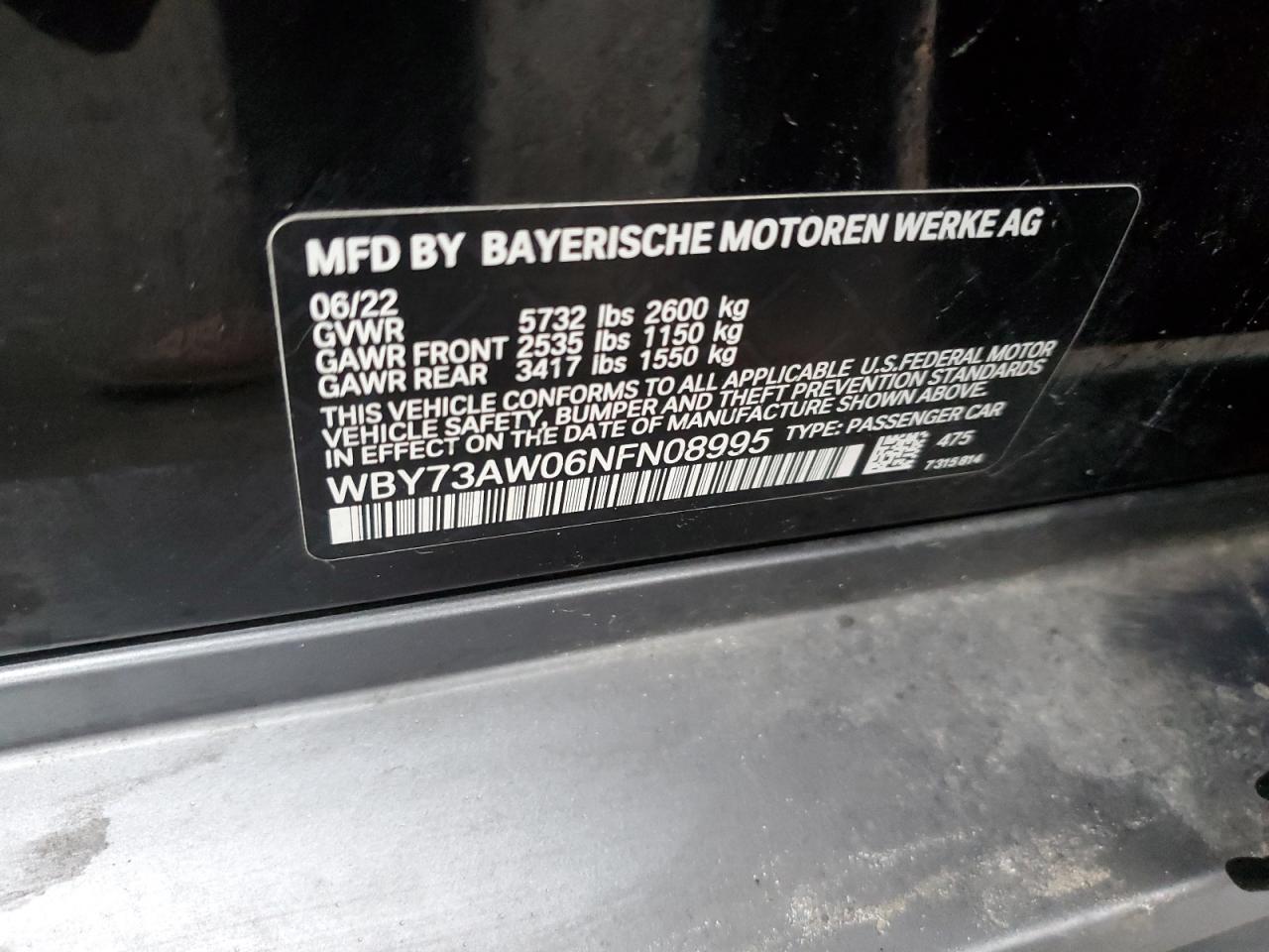 2022 BMW I4 EDRIVE 40 VIN:WBY73AW06NFN08995