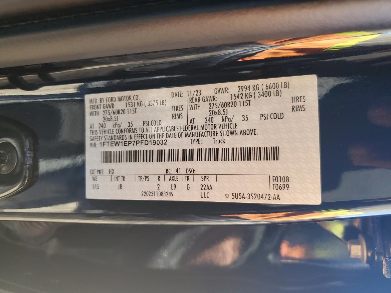 2023 FORD F150 SUPERCREW VIN:1FTEW1EP7PFD19032