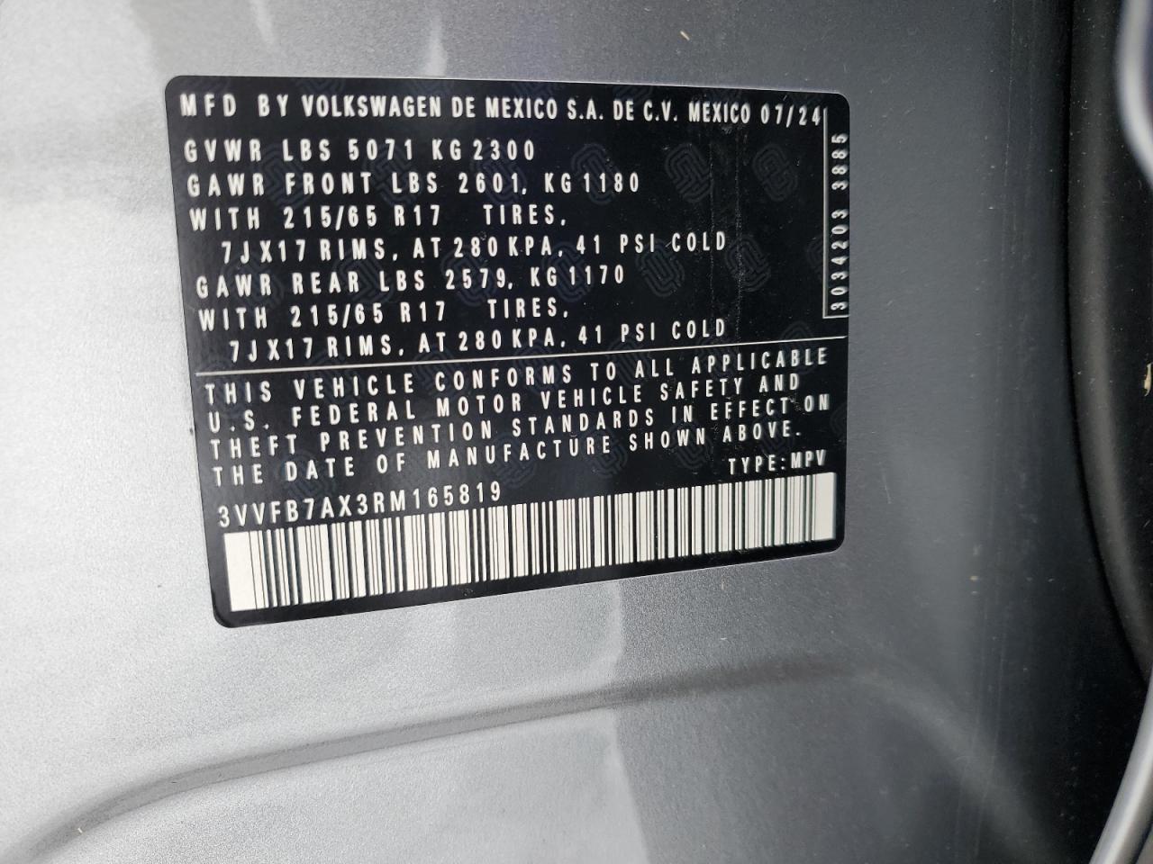 2024 VOLKSWAGEN TIGUAN S VIN:3VVFB7AX3RM165819